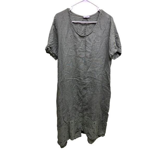 Rosemarine Linen Dress Gray Midi Dress Short Sleeve Embroidered Hem Size L - Picture 2 of 7